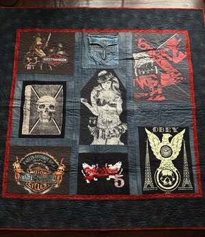 Handmade Y2K Quilt with Harley Davidson Rock Revival and Obey Patches